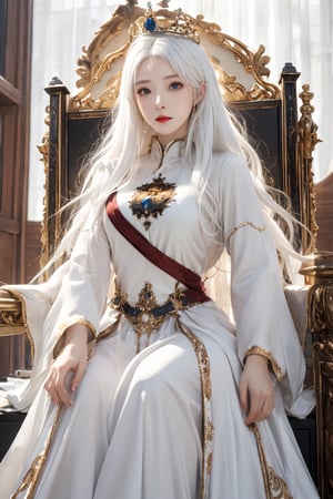 (masterpiece),(best quality),(ultra detailed),1girl,solo,hip up,closed mouth,colored golen dress,crown,throne,accessories, BREAK
(white hair color:1.05)