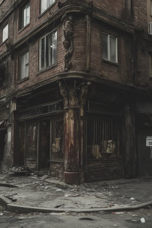 A desolate street corner: A once-thriving storefront now lies in ruins, its wooden façade cracked and worn, rusty metal bars twisted like a broken cage. Broken glass litters the sidewalk, shattered by time and neglect. Faded signs creak in the wind, reading 'Closed' and 'For Sale'. The surrounding buildings seem to loom, casting long shadows on the devastation.