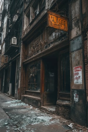 A desolate street corner: A once-thriving storefront now lies in ruins, its wooden façade cracked and worn, rusty metal bars twisted like a broken cage. Broken glass litters the sidewalk, shattered by time and neglect. Faded signs creak in the wind, reading 'Closed' and 'For Sale'. The surrounding buildings seem to loom, casting long shadows on the devastation.