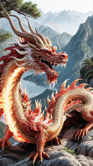 High Quality, Lossless, Clean, Raw, High Quality, Lossless, Clean, Raw, HD, Strange Dragón, 
Chinese dragon, dragon, red dragon, horns, teeth, realistic, 3D, dragón fire, Landscape, mountain, trees