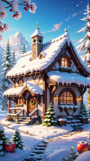 a snow covered apple sitting on top of a snow covered ground, a storybook illustration, by Alexander Kucharsky, Artstation, fantasy art, flowery santa's claus cottage, cute!!!, cottage close up, gorgeous composition, pastel art, awesome greate composition, rounded house and cute character, beautiful anime art, by thomas kinkade, magic doorway, harsh fairy tale, christmas elements