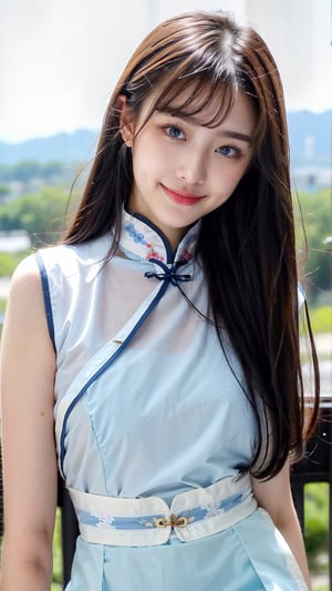 girl,  beautiful body, blue eyes, brown hair, qipao, white qipao, long hair, white , Pantyhose, (Shy:1.5), Embarrassed, chinense clothes, Hair bangs, look at viewer, ,Realism,Portrait,Raw photo, (flirtatious smile), blue eyes, (blue eyes:1.1),QIPAO,Cheongsam,Fashion cheongsam