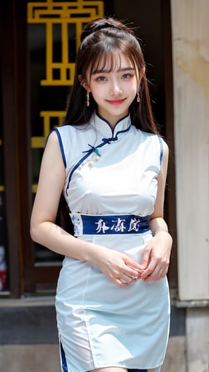 girl,  beautiful body, blue eyes, brown hair, qipao, white qipao, long hair, white , Pantyhose, (Shy:1.5), Embarrassed, chinense clothes, Hair bangs, look at viewer, ,Realism,Portrait,Raw photo, (flirtatious smile), blue eyes, (blue eyes:1.1),QIPAO,Cheongsam,Fashion cheongsam