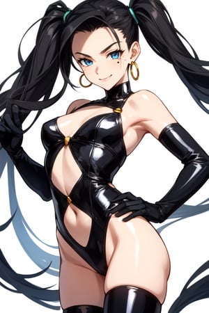  solo, team rocket, gloves, hair slicked back, tied up medium hair, jewelry, navel, thighhighs, earrings, black elbow gloves, blue eyes, black leotard, white background, black gloves, very long hair, simple background, smile, black thighhighs, black hair, looking at viewer, lipstick, flat_chested, cougar_(mature), (Jojo poses 1.3), one mole on left chin, 