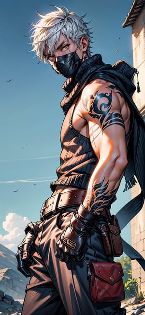 solo, looking at viewer, short hair, gloves, 1boy, hair between eyes, yellow eyes, weapon, white hair, male focus, cowboy shot, outdoors, sleeveless, belt, pants, sword, scarf, armor, tattoo, mask, mouth mask, arm tattoo, shoulder tattoo, weapon on back