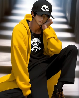 Happy Trafalgar law,女孩,旗袍,Dream, cute man , in the style of yuumei, realistic hyper - detailed rendering, yumihiko amano, zhang jingna, wiccan, trace monotone, rtx on ,細緻的背景, indian boy, various poses , Trafalgar Law's dress style in One Piece Film Red is a modern take on his classic look. He wears a yellow hoodie with black sleeves and a black hood, but the hoodie is now oversized and has a more relaxed fit. He also wears black pants and black boots with his iconic white black cap,