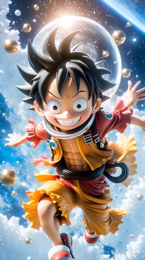 create a cute 12 year luffy astronaut dancing with dress made of space, splashed, drips, subsurface scattering, translucent, 100mm,Movie , floting in space,Still,detailmaster2,Film Still,make_3d,aesthetic portrait, from Onepiece anime, monkey d luffy astronaut,