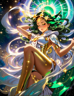 a woman with a dark green flame hair on her head and stars in the background, as the goddess of the universe, golden halo behind her head, golden aura, npc with a saint\'s halo, detailed digital anime art, beautiful gold saint, npc with a saint's halo, stunning anime face portrait, beautiful fantasy art portrait, beautiful anime art style, popular on art station