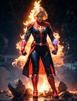 (Masterpiece, best quality, ultra-detailed, best shadow, Unreal Engine 5), (detailed background), one man, ((captain marvel with burned out hair)), dark-blue polo with three buttons, black armor, ((red-colored apparel, often in the form of long, two-tailed coats)), open coat, black fingerless gloves, black military-style boots, legs armor, fire-around, rocks, ruins, red-eyes, eyes-glowing, rain-fire, nuclear explosion background