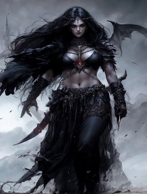 a woman with long black hair and a knife in her hand, female vampire warrior, dark fantasy female magician, style of luis royo, diablo 4 lilith, dark fantasy character design, gothic maiden shaman, evil sorceress, beautiful sorceress female, barbarian warrior woman, in style of luis royo, dramatic fantasy art, beautiful female sorceress