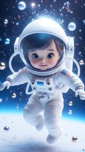 create a cute little kid astronaut dancing with dress made of space, splashed, drips, subsurface scattering, translucent, 100mm,Movie Still,detailmaster2,Film Still,make_3d,aesthetic portrait