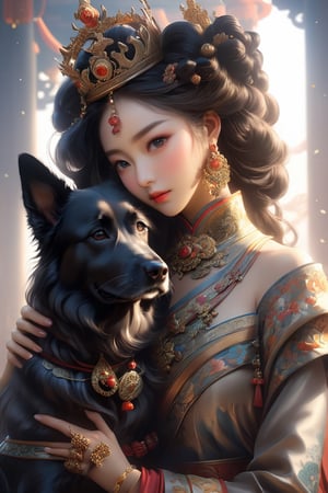 a woman with a crown and a dog, cgsociety 9, beautiful fantasy art portrait, very beautiful fantasy art, beautiful fantasy portrait, korean artist, ancient asian dynasty princess, beautiful anime portrait, by Natasha Tan, anime fantasy artwork, by Mei Qing, by Lü Ji, beautiful fantasy painting, beautiful fantasy art, beautiful render of tang dynasty, by Tang Di