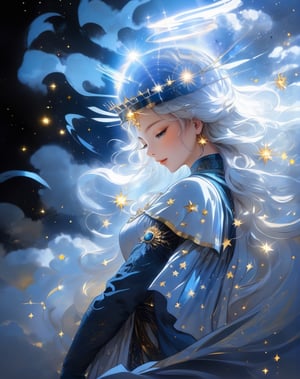 a woman with a crown on her head and stars in the background, as the goddess of the sun, golden halo behind her head, golden aura, npc with a saint\'s halo, detailed digital anime art, beautiful gold saint, npc with a saint's halo, stunning anime face portrait, beautiful fantasy art portrait, beautiful anime art style, popular on art station