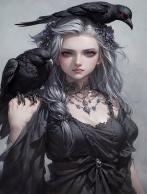 a woman with a black bird on her shoulder, with a crow on her shoulder, black crows, beautiful necromancer girl, beautiful witch spooky female, beautiful female witch, by An Zhengwen, by Lü Ji, raven bird, beautiful witch with long hair, by Pu Hua, dark crow, realistic anime style at pixiv, gothic maiden anime girl