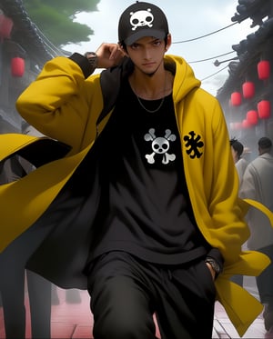 Happy Trafalgar law,女孩,旗袍,Dream, cute man , in the style of yuumei, realistic hyper - detailed rendering, yumihiko amano, zhang jingna, wiccan, trace monotone, rtx on ,細緻的背景, indian boy, various poses , Trafalgar Law's dress style in One Piece Film Red is a modern take on his classic look. He wears a yellow hoodie with black sleeves and a black hood, but the hoodie is now oversized and has a more relaxed fit. He also wears black pants and black boots with his iconic white black cap,