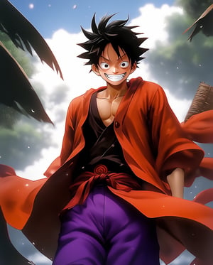Happy captain Monkey D. Luffy ,女孩,旗袍,Dream, 10 year cute boy on a Red shirt, orange shorts, purple sash, black coat, in the style of yuumei, realistic hyper - detailed rendering, yumihiko amano, zhang jingna, wiccan, trace monotone, rtx on ,細緻的背景, indian boy, various poses , onepiece anime, 