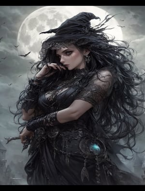 a woman with long black hair standing in front of a full moon, beautiful witch spooky female, gothic fantasy art, beautiful female witch, beautiful witch female, portrait of a dark goddess, style of luis royo, style of lois royo, gothic maiden of the dark, beautiful dark elf countess, dramatic fantasy art, in style of luis royo, gothic maiden shaman, goth woman