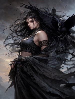 a woman with long black hair and a raven on her shoulder, dramatic fantasy art, by Anne Stokes, beautiful witch spooky female, gothic fantasy art, beautiful female witch, beautiful female sorceress, with a crow on her shoulder, portrait of a dark goddess, beautiful witch female, gothic art, black crows, raven bird, medieval fantasy art, beautiful sorceress