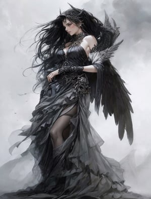 a woman in a long dress with wings, style of luis royo, by Luis Royo, in style of luis royo, style of lois royo, dark angel, gothic fantasy art, hyperrealistic luis royo, angel with black wings, beautiful full body concept art, goddess of death, dramatic fantasy art, mystical valkyrie, masterpiece goddess of sorrow, angel knight gothic girl