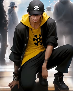 Happy Trafalgar law,女孩,旗袍,Dream, cute man , in the style of yuumei, realistic hyper - detailed rendering, yumihiko amano, zhang jingna, wiccan, trace monotone, rtx on ,細緻的背景, indian boy, various poses , Trafalgar Law's dress style in One Piece Film Red is a modern take on his classic look. He wears a yellow hoodie with black sleeves and a black hood, but the hoodie is now oversized and has a more relaxed fit. He also wears black pants and black boots with his iconic white black cap,