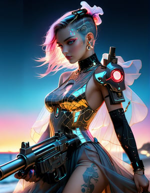 Variation poses of ultra detailed close up illustration of a woman at the seashore after sunset with big gun, tattooed, she wears a flowy holographic dress made of silk and tulle and very glowy,  bioluminiscent,  fantasy art,  dreamlike,  backlit,  dynamic power pose,  ,more detail XL, gold neon blue red crystal cyberpunk style,Power pose , cyberpunk 