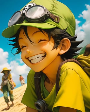 Happy usopp,女孩,旗袍,Dream, 10 year cute boy on a Green cap, orange goggles, green overalls, yellow shirt, in the style of yuumei, realistic hyper - detailed rendering, yumihiko amano, zhang jingna, wiccan, trace monotone, rtx on ,細緻的背景, indian skeleton, various poses , onepiece anime, 