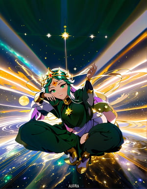a woman with a dark green flame hair on her head and stars in the background, as the goddess of the universe, golden halo behind her head, golden aura, npc with a saint\'s halo, detailed digital anime art, beautiful gold saint, npc with a saint's halo, stunning anime face portrait, beautiful fantasy art portrait, beautiful anime art style, popular on art station