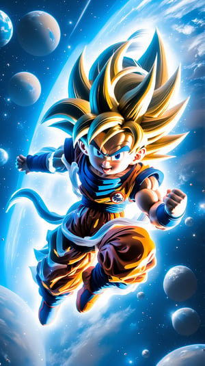 create a cute 12 year Goku astronaut dancing with dress made of space, splashed, drips, subsurface scattering, translucent, 100mm,Movie , floting in space,Still,detailmaster2,Film Still,make_3d,aesthetic portrait, from dragon Ball z anime, Goku , son Goku astronaut,