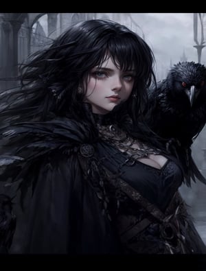 a woman with a raven on her shoulder, black crows, anthropomorphic raven knight, raven bird, beautiful witch spooky female, with a crow on her shoulder, raven, beautiful female witch, medieval fantasy art, beautiful witch female, dramatic fantasy art, portrait of raven, beautiful female sorceress, among ravens, ravens, as a medieval fantasy character