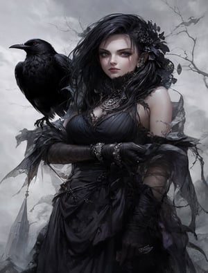 a woman with a bird on her shoulder, dramatic fantasy art, gothic fantasy art, beautiful female sorceress, portrait of a dark goddess, very beautiful fantasy art, beautiful sorceress, style of luis royo, gothic art, beautiful fantasy art portrait, beautiful witch spooky female, beautiful sorceress female, morrigan, by Charlie Bowater, beautiful female witch