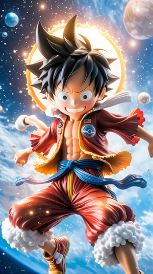 create a cute 12 year luffy astronaut dancing with dress made of space, splashed, drips, subsurface scattering, translucent, 100mm,Movie , floting in space,Still,detailmaster2,Film Still,make_3d,aesthetic portrait, from Onepiece anime, monkey d luffy astronaut,