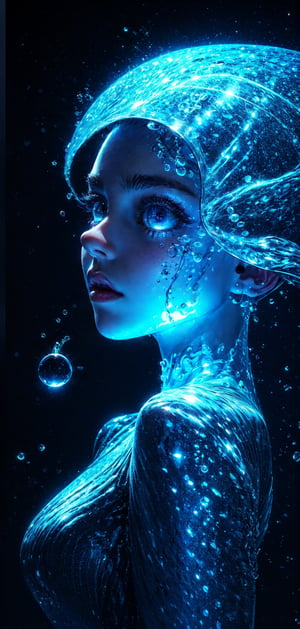 (masterpiece, best quality,4k resolution),
(Mysterious close-shot of a nixie from side), 
Rolando glistening scales reflecting moonlight,
deep blue eyes filled with secrets of the deep galaxy,
water droplets on her skin shimmering like diamonds,
Rolando looks back at the camera,DisembodiedHead