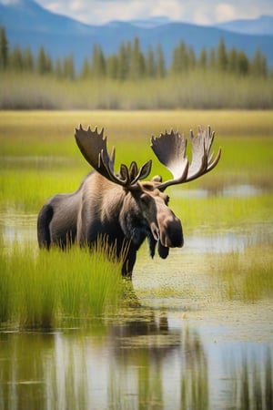 bull moose in swampy meadow with reeds and water lillies nearby  
