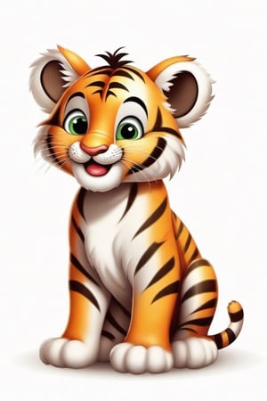 Place a single friendly cartoon  baby tiger
 on a pure white  background


