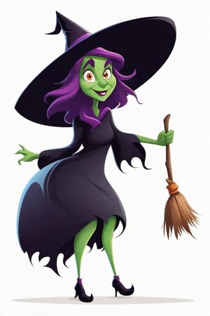 Place a single friendly cartoon witch
 on a pure white  background


