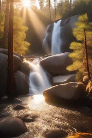tall water fall  in and boulders in middle of pine forest with sun rising 
