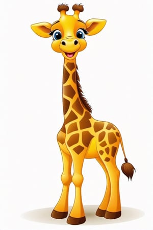 Place a single friendly cartoon baby Giraffe
 on a pure white  background


