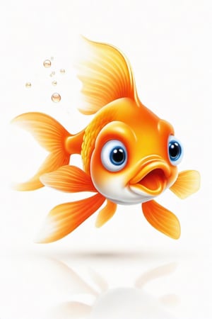 Place a single friendly cartoon baby goldfish
 on a pure white  background


