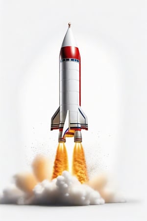 produce a rocket launching off on pure white background



