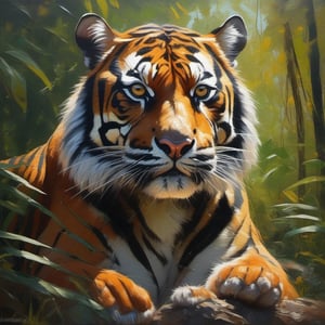 Palette knife oil painting , a sumatran tiger , in the forest , sun , beautiful , ultra clear, pretty , unreal engine 5 