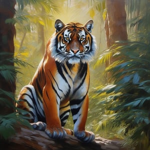 Palette knife oil painting , a sumatran tiger , in the forest , sun , beautiful , ultra clear, pretty , unreal engine 5 