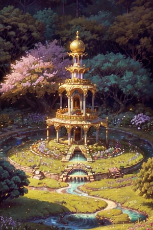 A beautiful and spacious garden, with lush trees, blooming flowers and flowing rivers. In the middle of the garden was a palace made of pearls and gold. Within that palace, there were happy and peaceful people. They wore beautiful clothes and ate delicious food. They will never feel pain or sorrow.