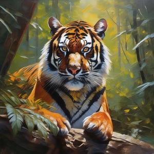 Palette knife oil painting , a sumatran tiger, in the forest , sun , beautiful , ultra clear, beautiful , unreal engine 5 