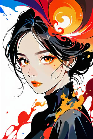 A dark fantasy portrait, dominated by warm hues of orange, yellow, and red. The artwork features splatters and blends of these vibrant colors, creating a sense of movement and energy. The entire canvas appears wet, with the colors merging and blending in various areas, forming a dynamic and fluid appearance. The overall atmosphere of the painting is mysterious and evocative, drawing the viewer into its hauntingly beautiful world., dark fantasy,aesthetic portrait,Eyes