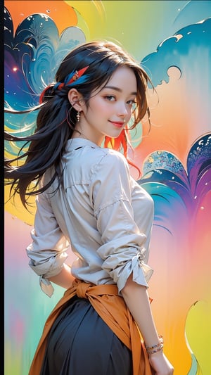 extreme detailed, (masterpiece), (top quality), (best quality), (official art), (beautiful and aesthetic:1.2), (stylish elegant pose, dreaming smile), (1 woman), (fractal art:1.3), back view, (colorful theme: 1.7), strong light, sun flare,   ppcp, medium skirt, wearing Braided bracelet, ((face close up)), perfect,ChineseWatercolorPainting