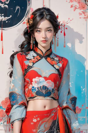 extreme detailed, (masterpiece), (top quality), (best quality), (official art), (beautiful and aesthetic:1.2), (stylish pose), (1 woman), (colorful), (multicolor theme: 1.5), ppcp, medium length skirt, randdom pose, looking into distance, long wave black hair, show navel, random graceful pose,  ((small breasts, big hips)), upper body, charming smile,
perfect,ChineseWatercolorPainting,Chromaspots,fairy,pastelbg,1girl,Half Color,neon background,gongbiv,red dress,colorful_girl,Chinese style