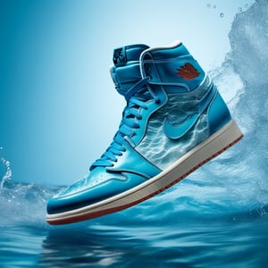 absolute real nike air jordan 1 themed ocean, water texture, waves arround the sneaker, photo studio, studio lights
