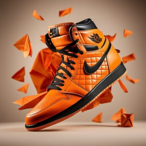 absolute real nike air jordan 1 themed origami texture colored orange and black, photo studio, studio lights