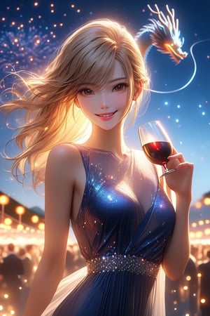 Cute girl, upper body, stunning image, beautiful blonde hair, detailed image, dynamic, modern evening dress outfit, holding a Glass of wine, firework in background, looking at viewer, charming smile, outdoors, night, ((masterpiece: 2)), light particles, extremely beautiful woman.,Dragon