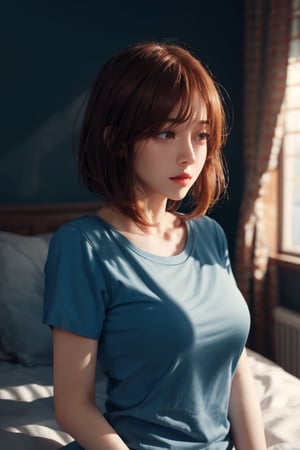 {{masterpiece}}, Miku Nakano, 1 girl, detailed face, asleep on bed, sleeping, short hair, reddish brown hair color, big and beautiful breasts, firm breasts, slim body, blue color T-shirt, thin cheeks, perfect anatomy, perfect body, Miku hairstyle, bedroom background, half body camera shot, top body shot, CGI, isometric, excellent lighting, top quality, realistic, cinematic, smooth, photorealistic, hyper realistic, 8k high resolution, highly detailed. 